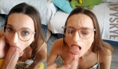 Очкастая ботанка согласилась на минет и разрешила кончить на лицо