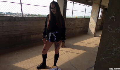 A Russian hottie gets fucked hard in anal by 2 guys from the neighborhood on the roof!