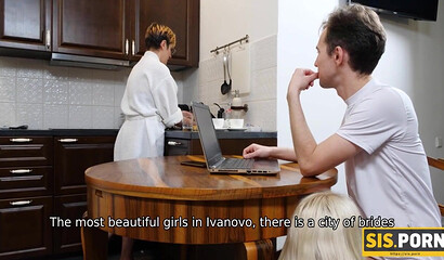 SISPORN. During dinner gal gives stepbro blowjob followed with sex on bed