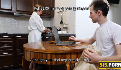 SISPORN. During dinner gal gives stepbro blowjob followed with sex on bed