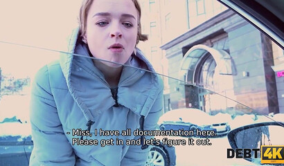 DEBT4k. Naive gal blows collectors dick in car before they have sex